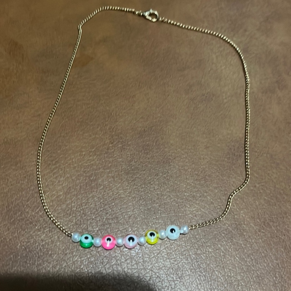 Colorful evil eye gold tone necklace from Greece